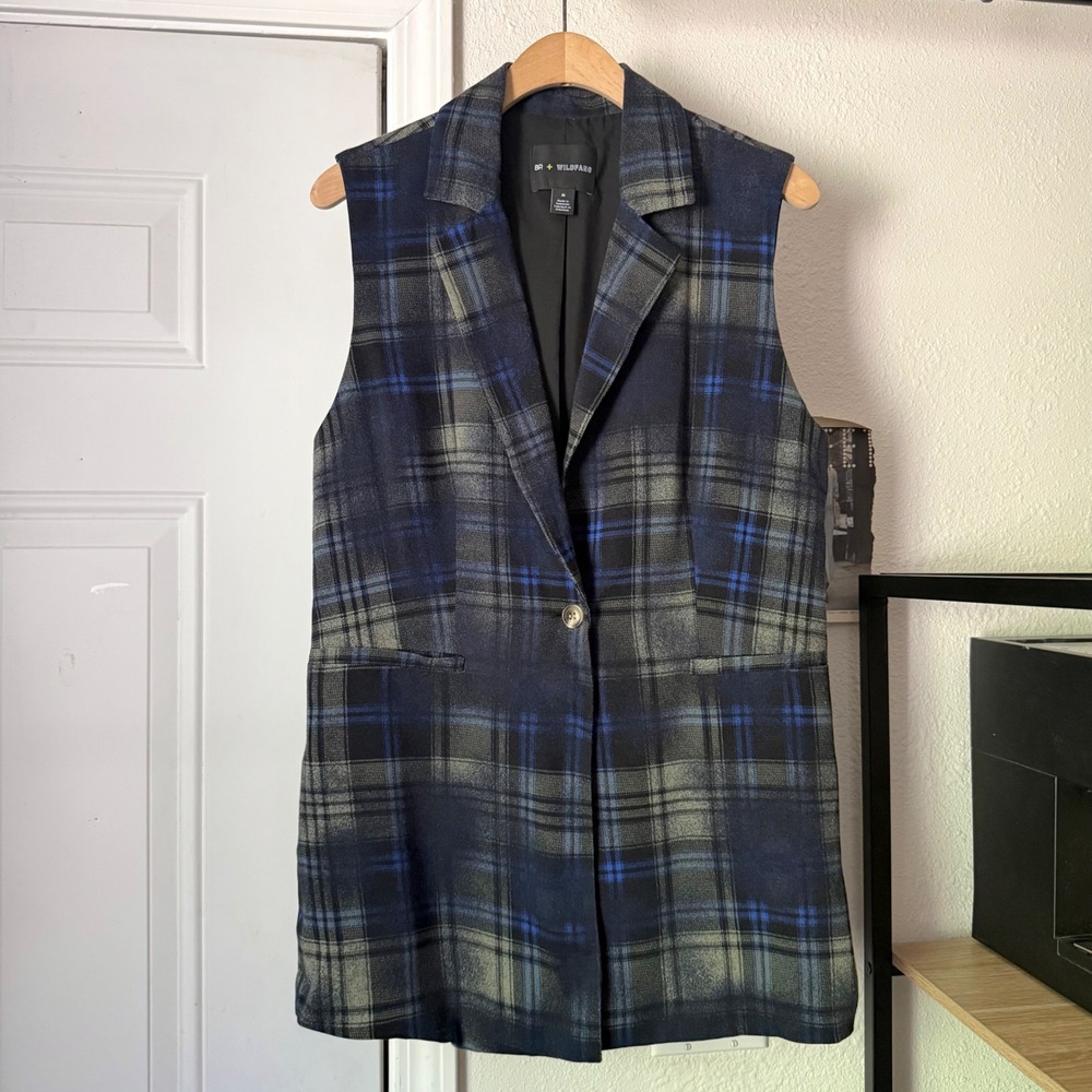BP. x WILDFANG navy blue grey plaid one button long vest jacket